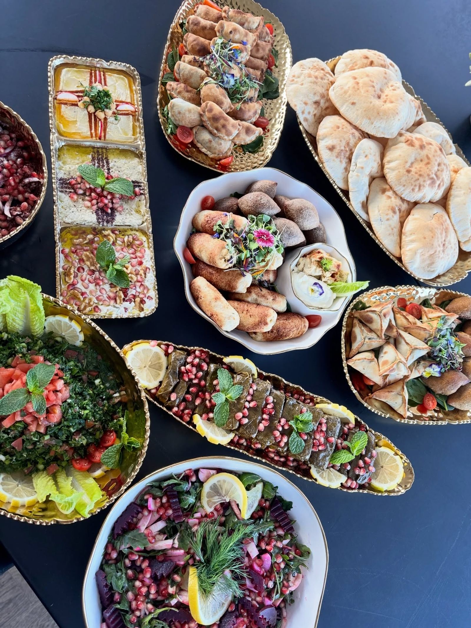 Mezze spread with fresh breads